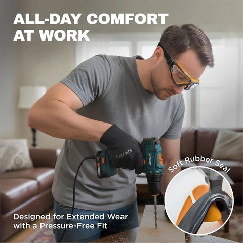 Man using power drill wearing All Day Comfy Lab Safety Goggles With Anti Fog Clear Lens And UV Protection Unisex ANSI Z87.1 Impact Rated Eyewear.