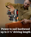 Heavy Duty Cordless Brad Nailer Fueled By 20V Brushless Motor And 18 Gauge Specs in action driving nails into hardwood.