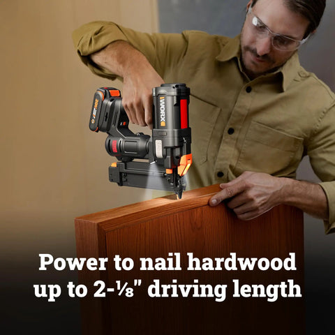 Heavy Duty Cordless Brad Nailer Fueled By 20V Brushless Motor And 18 Gauge Specs in action driving nails into hardwood.