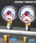 Two thermal pressure gauges with changeable 1/2 and 3/8 NPT threads shown on a pipe, 2.5 inch dial, brass connection.