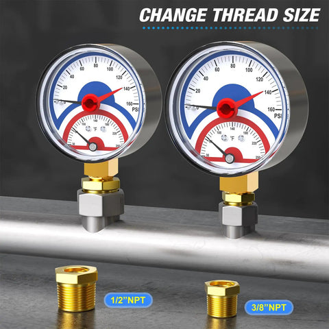 Two thermal pressure gauges with changeable 1/2 and 3/8 NPT threads shown on a pipe, 2.5 inch dial, brass connection.