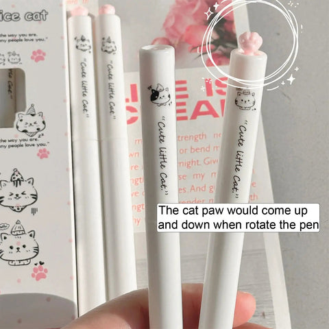 Dope Cute Twistable Cat Paw Pens Set 0.5mm Black Gel Ink Smooth Writing Kawaii Cartoon Kitten Pens package with cat design details