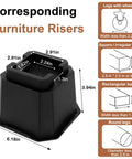 4 Inch Bed Risers Heavy Duty Furniture Elevation Set Of 4 Elevates Beds Tables Couches With Anti Slip Pads For Caster Wheels Or Posts Up To 6000 Lbs Black, diagram showing dimensions and compatibility with various leg types.