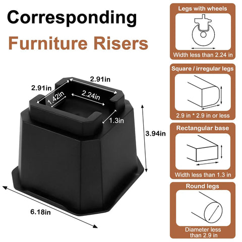 4 Inch Bed Risers Heavy Duty Furniture Elevation Set Of 4 Elevates Beds Tables Couches With Anti Slip Pads For Caster Wheels Or Posts Up To 6000 Lbs Black, diagram showing dimensions and compatibility with various leg types.