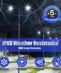 150W LED Pole Light Dusk To Dawn With Slip Fitter, 21000 Lumens, illustrating weather resistance and 5-year warranty