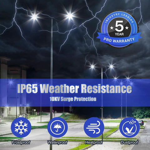 150W LED Pole Light Dusk To Dawn With Slip Fitter, 21000 Lumens, illustrating weather resistance and 5-year warranty