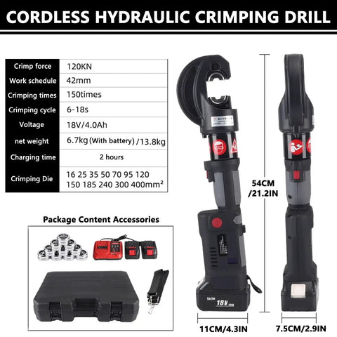 Heavy Duty Electric Hydraulic Cable Lug Crimping Machine 120KN With LCD Display, 54cm cordless crimper with accessories.