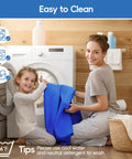 Mother and child with blue fabric at washing machine, showcasing easy-to-clean feature of Beach Tent Sun Shelter 10x10ft Portable Shade
