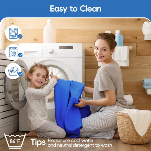 Mother and child with blue fabric at washing machine, showcasing easy-to-clean feature of Beach Tent Sun Shelter 10x10ft Portable Shade