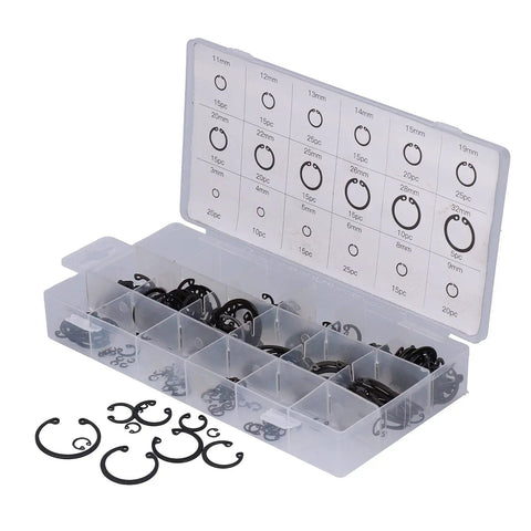 Heavy Duty Snap Ring Set 300 Piece Kit Alloy Steel Universal Repair Tool in plastic box with organized compartments