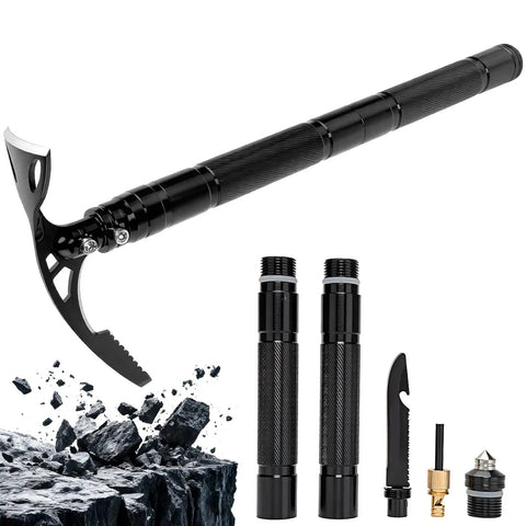Double Headed Folding Pickaxe And Mattock For Camping And Yard Work All Purpose Tool With Garden Hoe And Survival Knife components shown