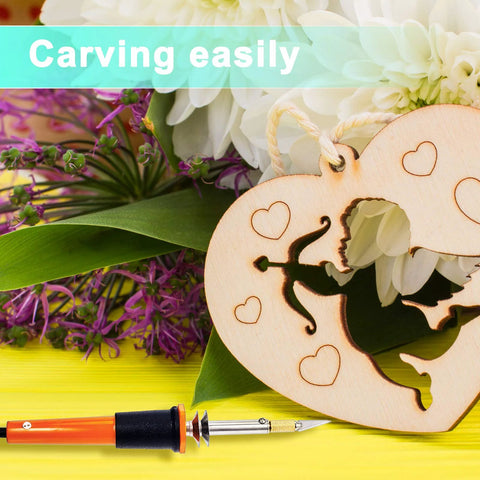 Honoson electric hot knife cutter with orange handle and metal tip, shown with a wooden heart stencil.