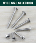 Rock Solid Number 10 Truss Head Screws With Phillips Drive Self Tapping Sheet Metal And Wood Fasteners Crafted From Durable 304 Stainless Steel One Point Five Inch Bright Finish Hardware 100 Piece Pack displayed in various sizes on wooden surface.