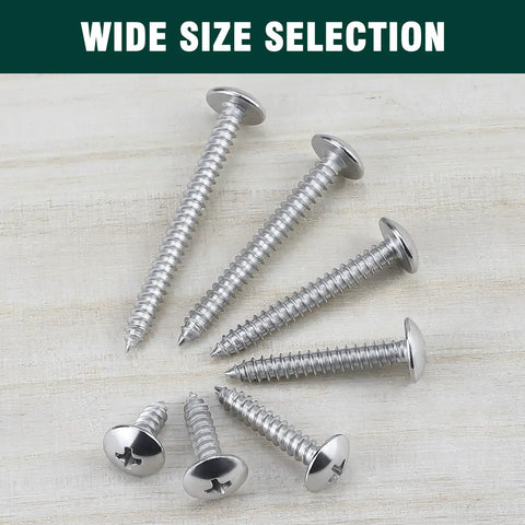 Rock Solid Number 10 Truss Head Screws With Phillips Drive Self Tapping Sheet Metal And Wood Fasteners Crafted From Durable 304 Stainless Steel One Point Five Inch Bright Finish Hardware 100 Piece Pack displayed in various sizes on wooden surface.