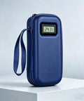 Cooler Travel Case With Digital Temperature Display On The Go Compact Insulated Bag Measuring 22 By 10 By 6 Cm in blue.