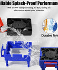 Traxxas Compatible RC ESC Cooling Fan And Heat Sink With 28000 RPM Airflow shown splash-proof with blue nylon material.