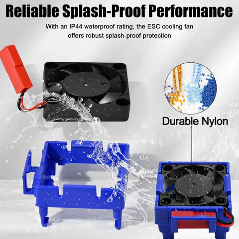 Traxxas Compatible RC ESC Cooling Fan And Heat Sink With 28000 RPM Airflow shown splash-proof with blue nylon material.