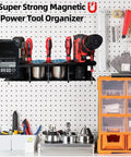 Magnetic Power Tool Organizer Rack for Cordless Drills and Screwdrivers with 4 Stainless Steel Cups on Pegboard in Garage