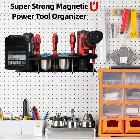 Magnetic Power Tool Organizer Rack for Cordless Drills and Screwdrivers with 4 Stainless Steel Cups on Pegboard in Garage