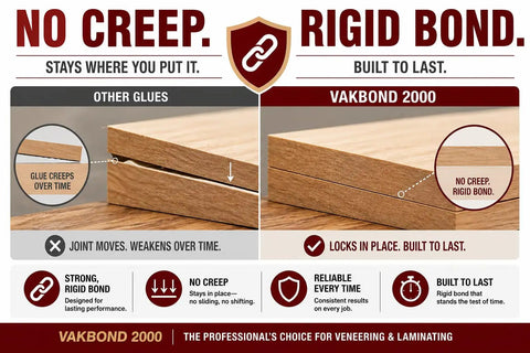 Comparison of glue performance showing no creep and rigid bond of Kickass Heavy Duty Urea Resin Wood Glue Five Pound Tub.