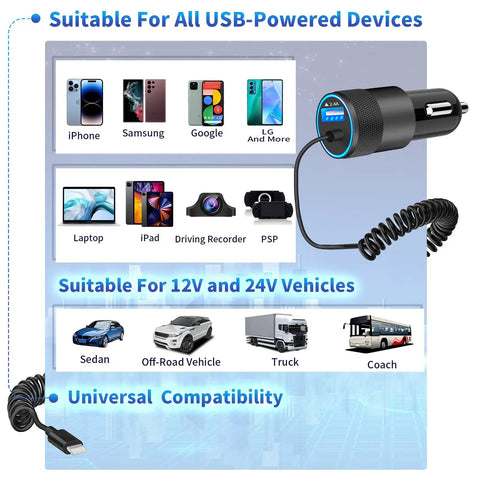 Dual USB Fast Car Charger 4.8A With 6ft Coiled Lightning Cable For iPhone And iPad MFi Certified compatibility chart with devices and vehicles