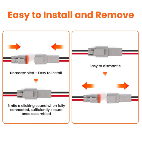 Deutsch 2 Pin Connector Kit Waterproof IP67 18 AWG Automotive Wire Connectors Set shown disassembled and easy to install.