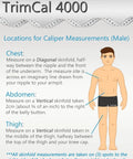 TrimCal 4000 image showing male body with locations for caliper measurements on chest, abdomen, and thigh for fitness tracking.
