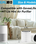 2 Pack Replacement Filter for H7126 Mini Air Purifier in living room setting with dimensions shown