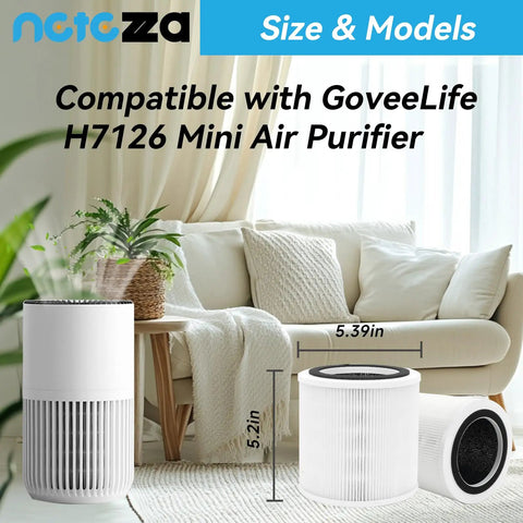 2 Pack Replacement Filter for H7126 Mini Air Purifier in living room setting with dimensions shown