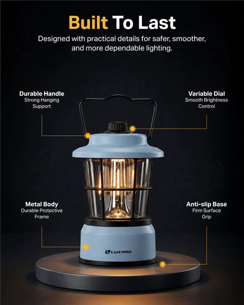 Retro LED Lantern For Outdoor Adventures And Emergencies, blue lantern on stand with durable handle and variable dial