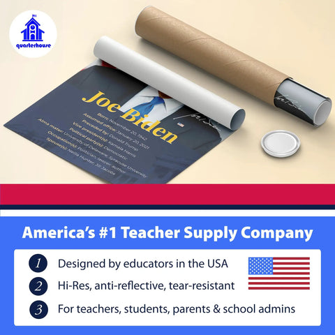 Five Poster Set Of American Presidents For Classrooms Featuring Biden Trump Obama Bush Clinton, Each 12 By 18 Inches, Satin Finish, Classroom Decor For K-12, Teacher Friendly Learning Materials Made In USA, showing packaging and poster detail