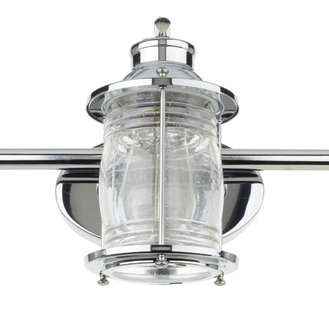 Three Light Vanity Light In Chrome With Ribbed Seeded Glass Shades For A Coastal Bathroom Vibe, Modern Chrome Finish, Close-Up