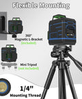 Self Leveling Laser Level With Three 360 Degree Lasers Horizontal And Two Vertical Cross Lines For Full Room Layout Green Cross Line Laser Tool With 100 Feet Range Easy On Off H And V Controls And Pro Grade Durable Construction. shown on tripod with magnetic L-bracket