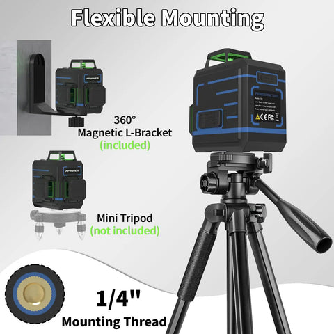 Self Leveling Laser Level With Three 360 Degree Lasers Horizontal And Two Vertical Cross Lines For Full Room Layout Green Cross Line Laser Tool With 100 Feet Range Easy On Off H And V Controls And Pro Grade Durable Construction. shown on tripod with magnetic L-bracket