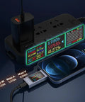 360W USB C Power Meter Tester for Type-C PD Charging, Digital Multimeter displaying voltage, current, on power strip with smartphone connected