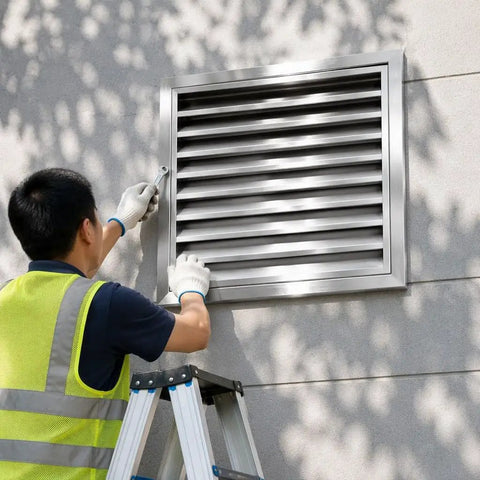 A person installing a Tough As Nails Stainless Steel Louvered Grille Access Panel For Drywall Ventilation and Outdoor Plumbing Inspection Door.