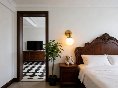 Bedroom with Vintage Wall Sconce Lighting Fixture With 5.9-Inch Round Milk White Hand Blown Glass Globe Shade, antique wood bed.