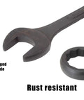 Metric Jumbo 11 Piece Beefy Wrench Set With Pouch, Black Oxide Raised Panel Wrenches 34mm To 50mm, close-up of rust-resistant wrenches
