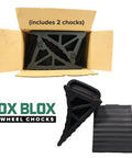 Heavy Duty Wheel Chocks With Handle 2 Pack For Campers Trailers And RVs Wide 6 Inch Footprint Grooved To Prevent Tire Slips Made From 100 Percent Recycled Rubber Easy On Easy Off shown in box and on side