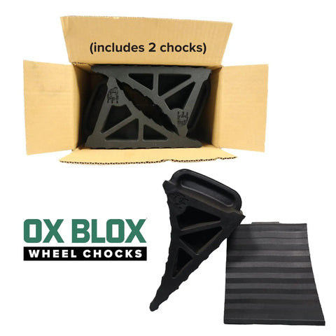 Heavy Duty Wheel Chocks With Handle 2 Pack For Campers Trailers And RVs Wide 6 Inch Footprint Grooved To Prevent Tire Slips Made From 100 Percent Recycled Rubber Easy On Easy Off shown in box and on side