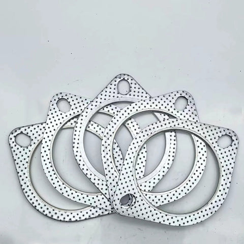 Five silver perforated 3-inch exhaust gaskets for muffler flange/manifold connections