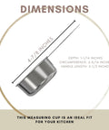 Sturdy 1/4 Cup Stainless Steel Measuring Cup for Wet and Dry Ingredients, Heavy Duty Metal Scoop, 60 ml 60 cc 2 oz, Great as a Dog Food Scoop, Durable Kitchen Tool for Precise Measuring, 1 Pack showing dimensions.