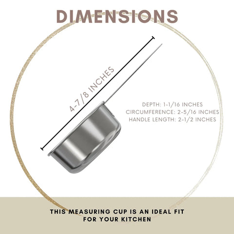 Sturdy 1/4 Cup Stainless Steel Measuring Cup for Wet and Dry Ingredients, Heavy Duty Metal Scoop, 60 ml 60 cc 2 oz, Great as a Dog Food Scoop, Durable Kitchen Tool for Precise Measuring, 1 Pack showing dimensions.