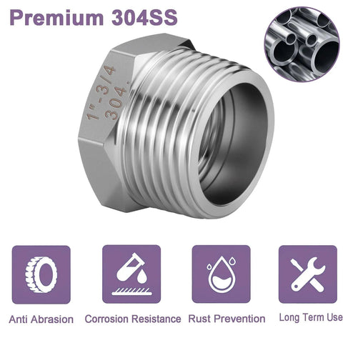4 Pack Stainless Steel Reducer Hex Bushings 1 MNPT To Three Quarter Inch FNPT Pipe Fitting Adapters With Seal Tape 304 Stainless Steel Water Plumbing Kit, 1" to 3/4"