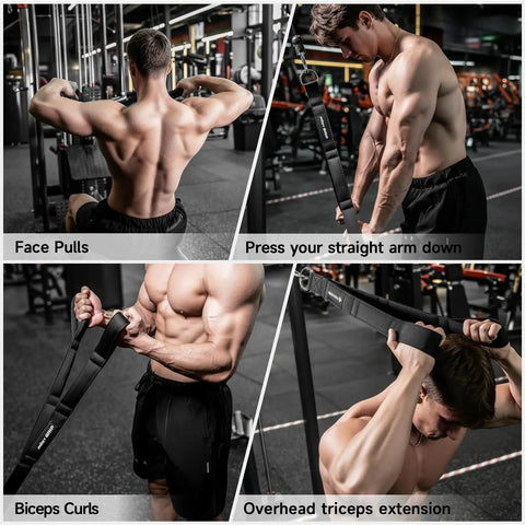 Lock In Multi Function Cable Machine Attachment Set With Grip Friendly Lat Pulldown Bars And Heavy Duty Tricep Rope For Legit Home Gym Strength Workouts And Beast Mode Back Blasting, showing multiple exercises.