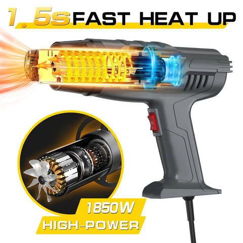Heavy Duty 1850W Heat Gun With Dual Temperature Settings, Fast Heat Up In 1.5 Seconds, side view with heating element visible