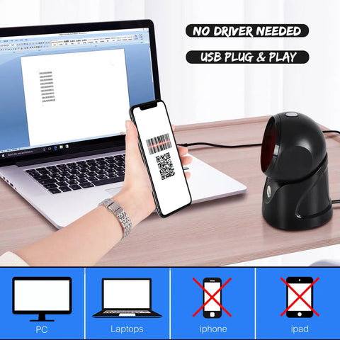 Omnidirectional Barcode Scanner For Lightning Fast Hands Free Data Capture Desktop USB Wired 1D 2D QR Code Reader with laptop
