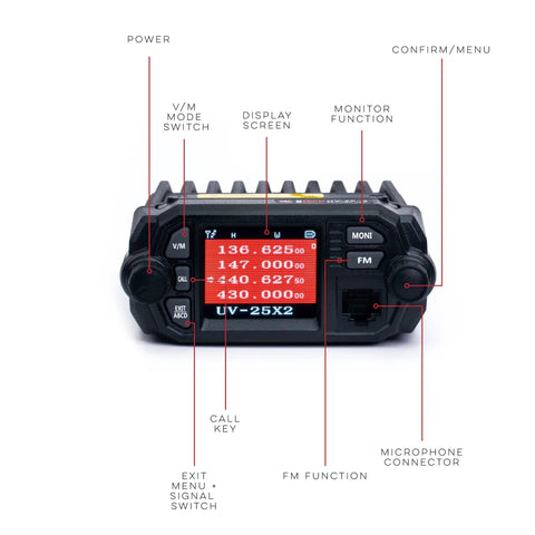 UV-25X2 Second Gen Mini 25 Watt Dual Band Base Station Radio front view with labeled controls on display screen.