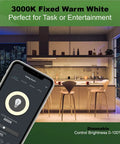 Kitchen with 3000K warm white lighting, showing 24 Foot Smart Plug In LED Strip Light With RGBW Color Changing Indoor Outdoor 1300 Lumens IP65 Weatherproof WiFi Bluetooth No Hub Required Voice Control For Alexa And Google Home.