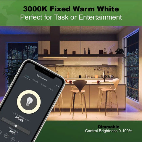 Kitchen with 3000K warm white lighting, showing 24 Foot Smart Plug In LED Strip Light With RGBW Color Changing Indoor Outdoor 1300 Lumens IP65 Weatherproof WiFi Bluetooth No Hub Required Voice Control For Alexa And Google Home.